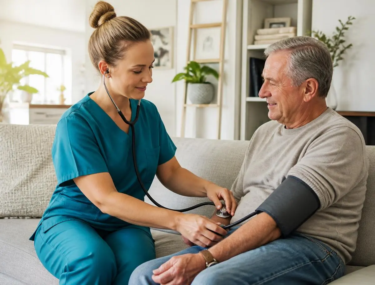 Registered nurse checking an older client's blood pressure at home