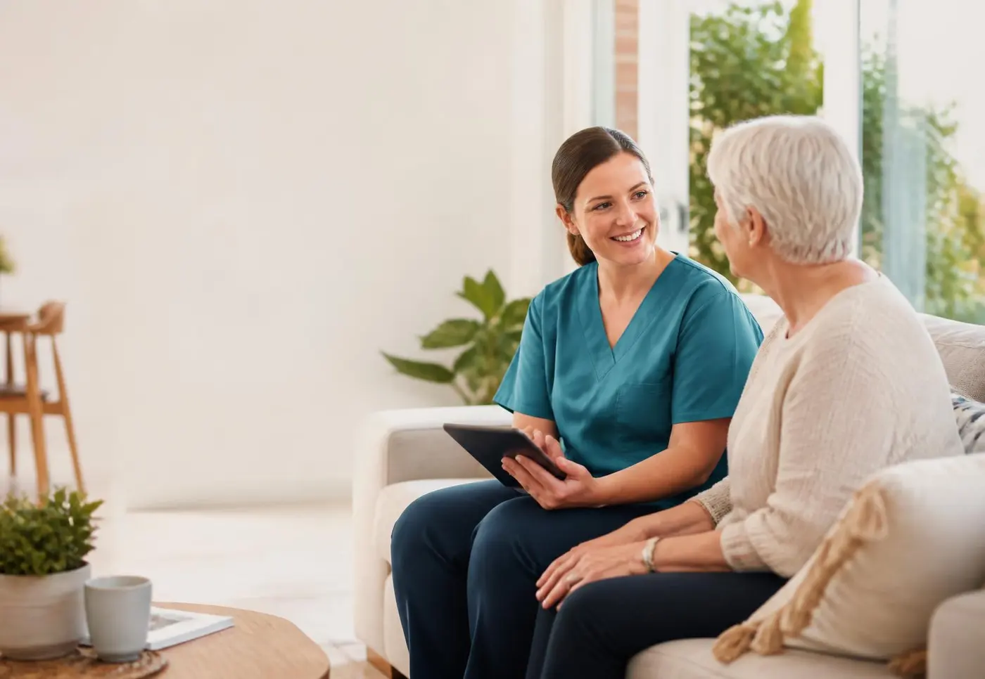 Registered nurse speaking with an older client during a home visit