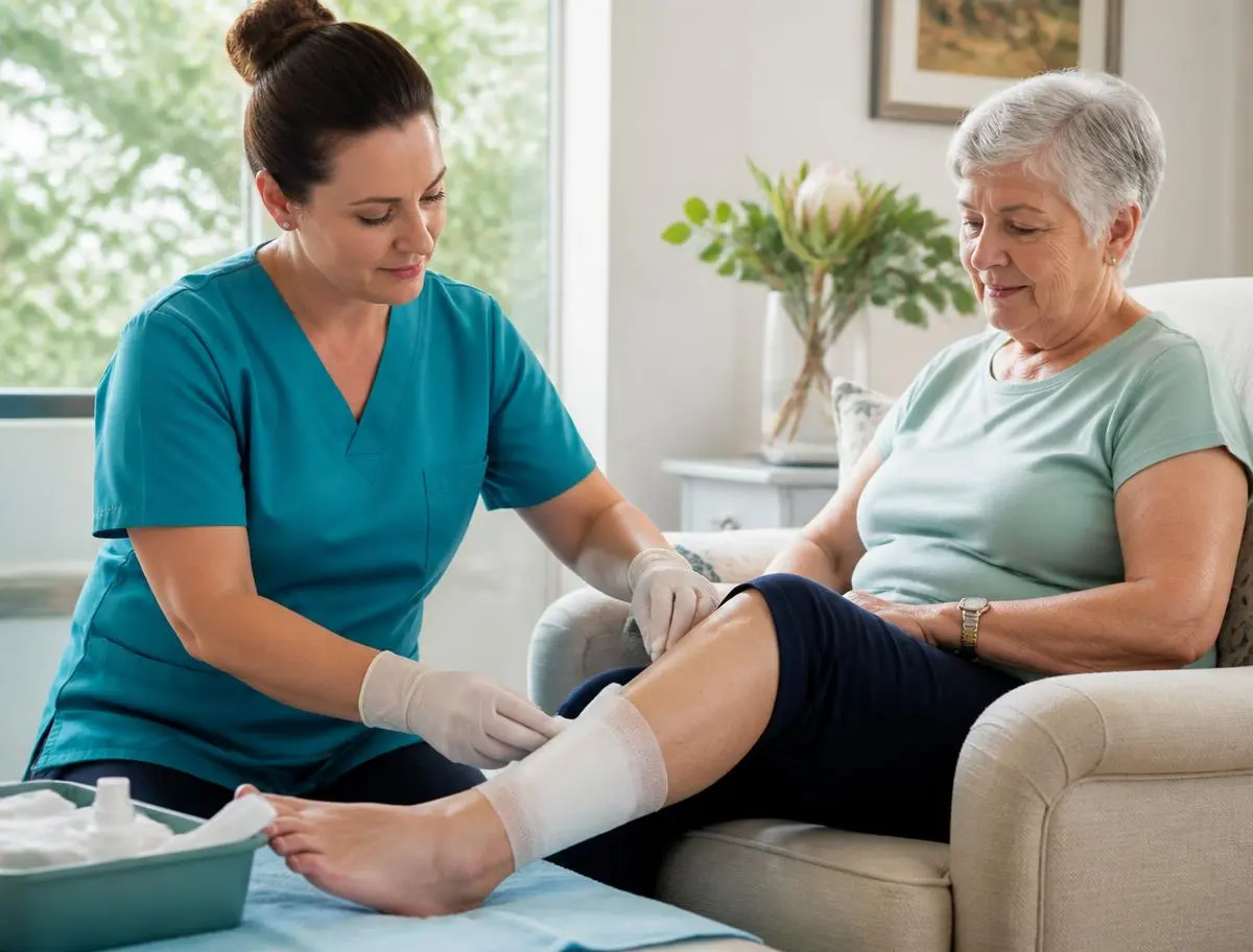 Community nurse providing wound dressing care in a client's home